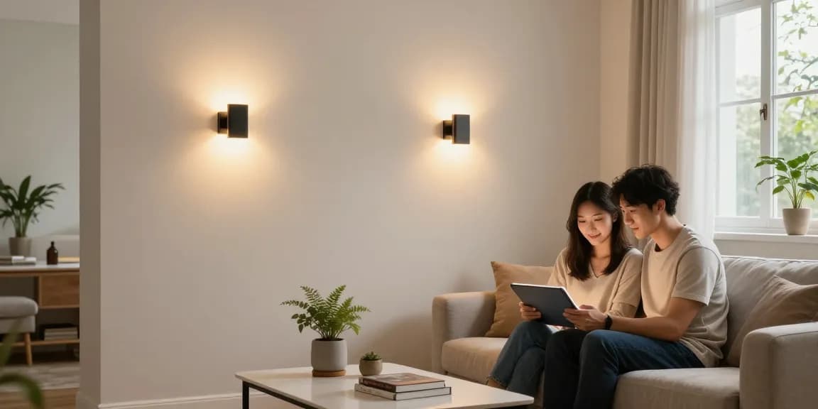 Aplice LED moderne ce creează o atmosferă caldă într-un living elegant.