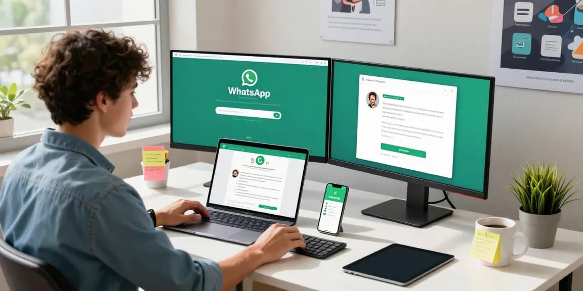 Demonstrating WhatsApp下載 on a modern tech workspace with vibrant screens and a professional atmosphere.
