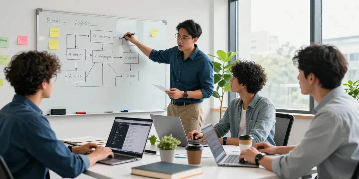 Build internal tools with AI in a modern workspace scene featuring a collaborative tech team developing innovative software solutions.