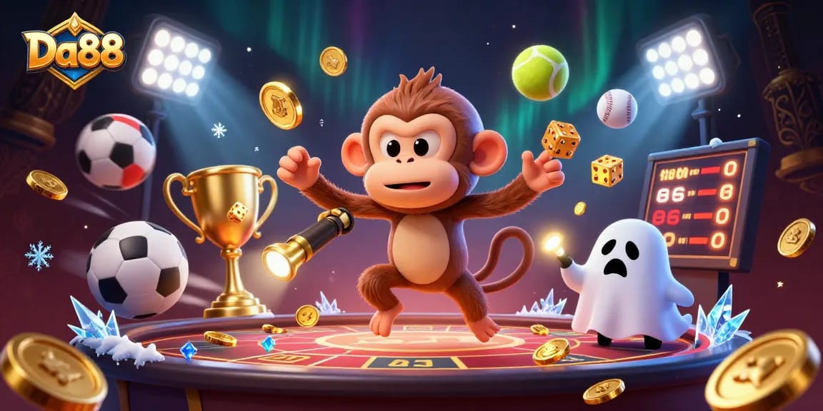 Engage in thrilling casino games with Da88, featuring a playful poltergeist monkey amidst dynamic sports elements.