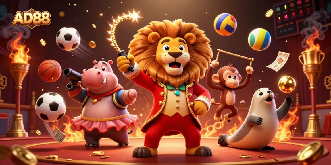 Experience thrilling action at AD88 with exciting characters like a lion ringmaster and whimsical elements.