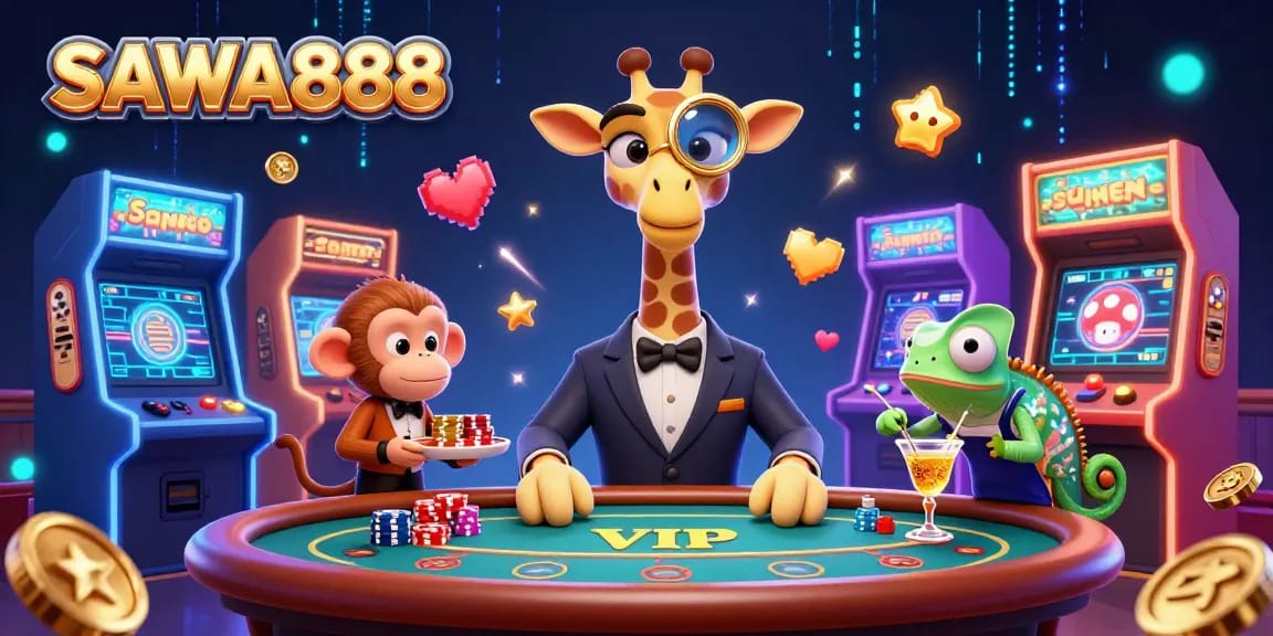 Experience thrilling gaming action at SAWA888 with our unique cartoon casino scene.