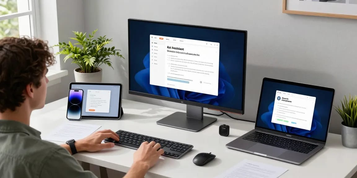 使用爱思助手管理iOS设备的现代工作场景，显示多台电脑屏幕、最新电子产品和高科技配件。