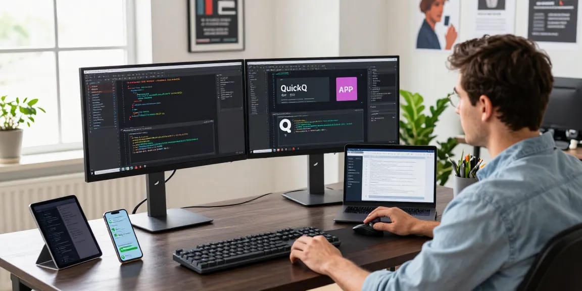 展示quickq下载的现代开发工作空间,程序员使用双屏显示代码与调试工具,背景有充足自然光。