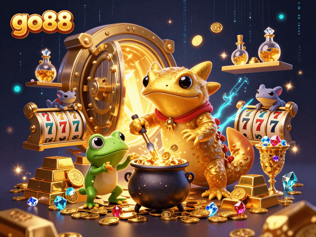 Go88 showcases a magical casino scene featuring a giant salamander alchemist and gold elements.