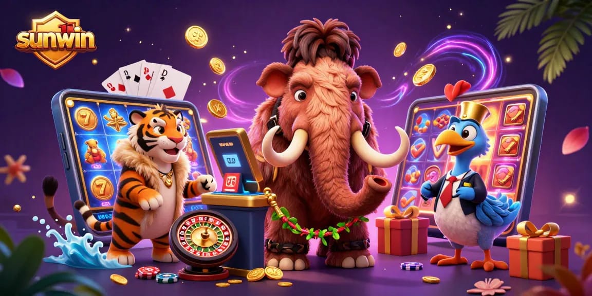 Experience sunwin with immersive 3D gaming characters surrounded by vibrant casino elements.
