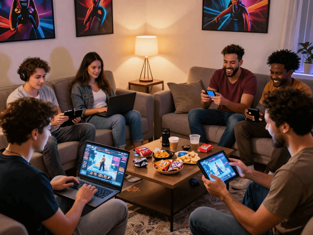 Engaging group of adults playing various porn games in a cozy living room setting, showcasing vibrant interactions.