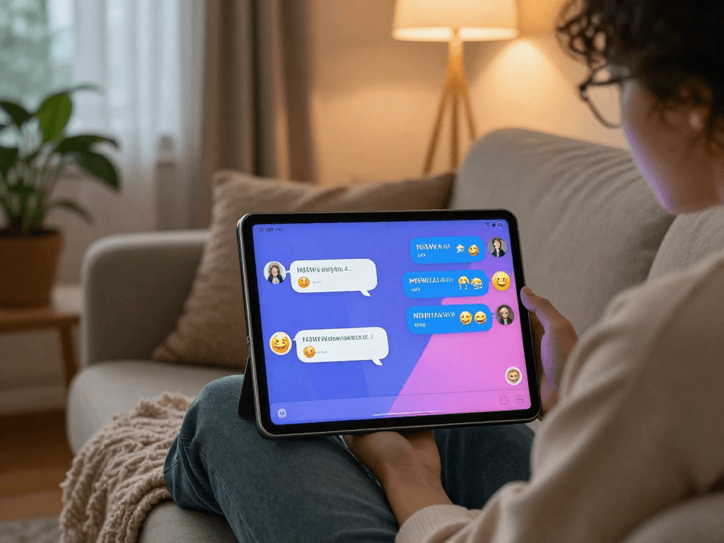 Engaging with NSFW AI chat on a tablet in a cozy home setting