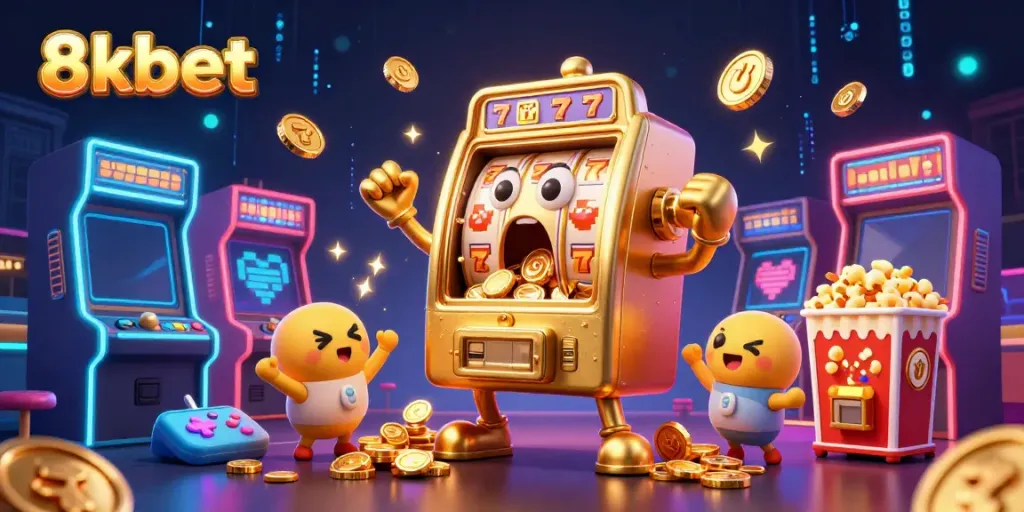 Experience the excitement of 8kbet with a colorful 3D casino scene featuring joyful slot machines.