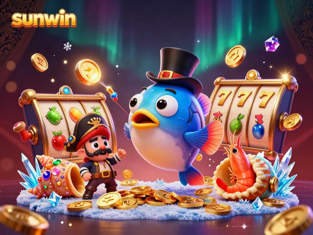 Experience thrilling gameplay at sunwin with a vibrant scene of whimsical underwater characters attracting golden coins amidst spinning slot machines.