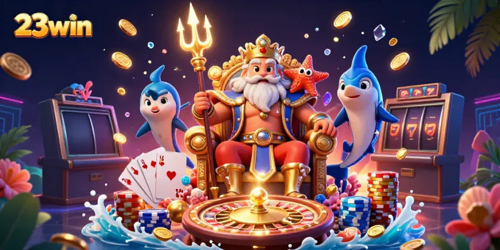 Bettors enjoy exciting wins at 23win, featuring Neptune, shimmering coins, and vibrant betting elements.