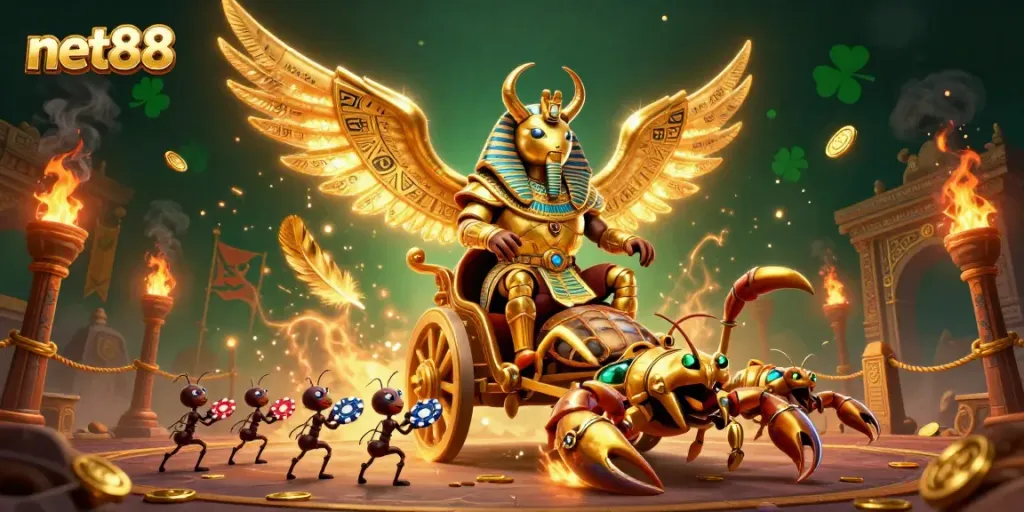 Experience thrilling betting with net88 in an epic 3D scene of casino action, featuring gold and vibrant elements.