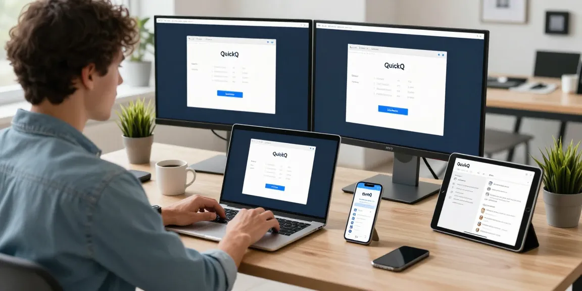 用户在现代办公桌上安装quickq下载，展示设备和应用界面
