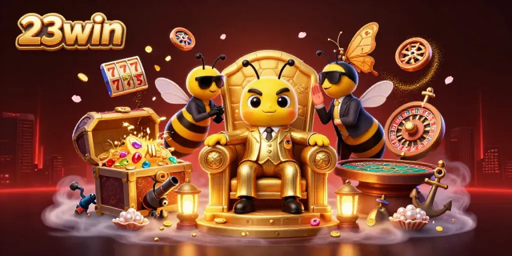 Experience thrilling gameplay with 23win, featuring a bumblebee mob boss in a vibrant casino scene.