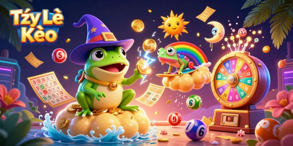 Tỷ Lệ Kèo illustration with a frog wizard and chameleon amidst a vibrant display of lottery balls and gambling elements.