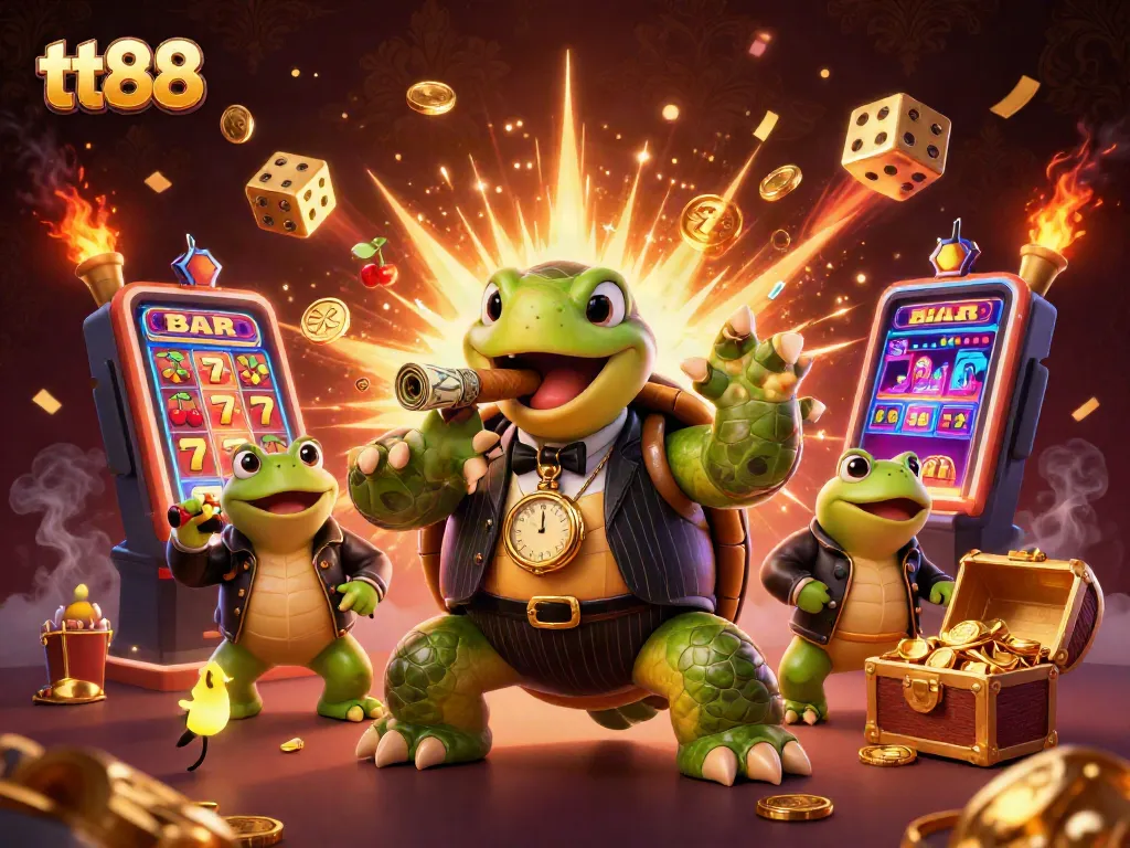 Win big at tt88 with a colorful jackpot explosion from a cartoon turtle casino scene.