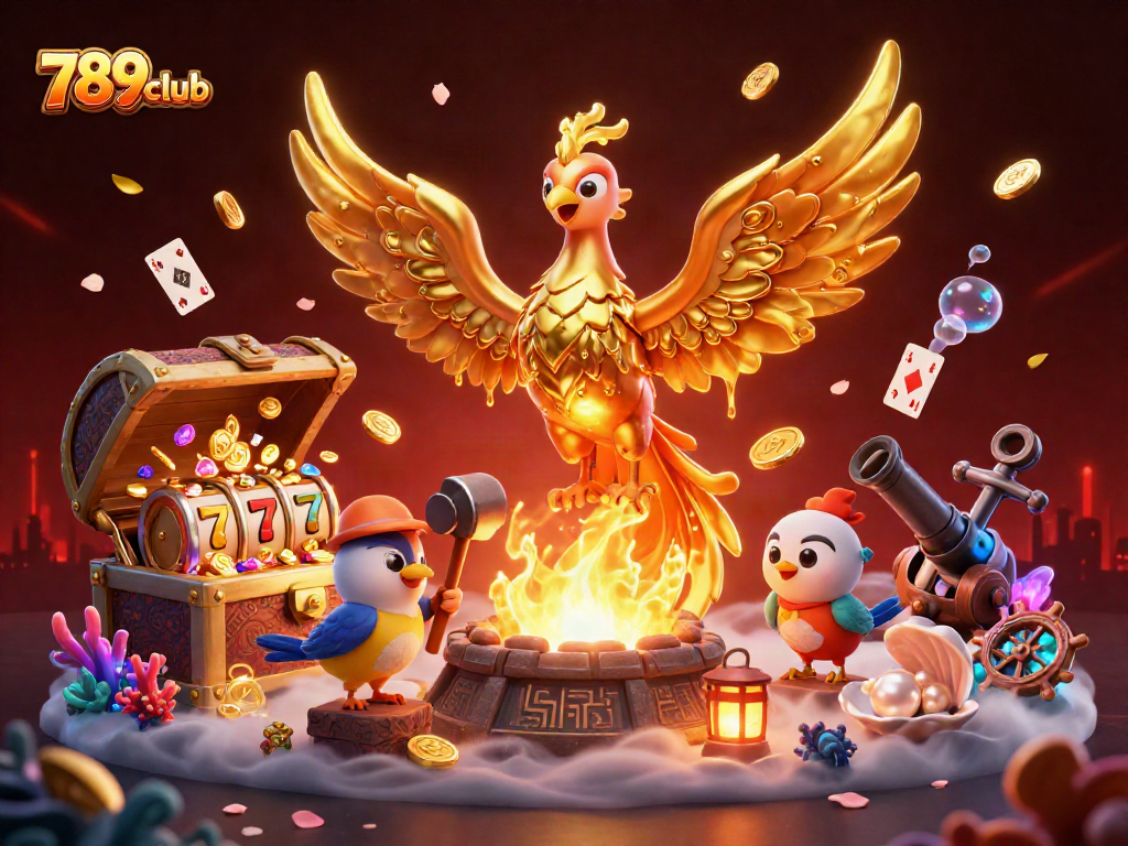 Experience thrilling wins with 789club's molten golden phoenix amidst vibrant casino elements