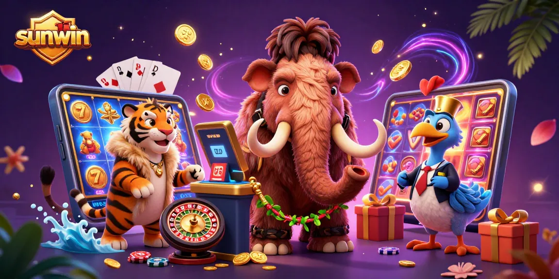 Experience sunwin with immersive 3D gaming characters surrounded by vibrant casino elements.