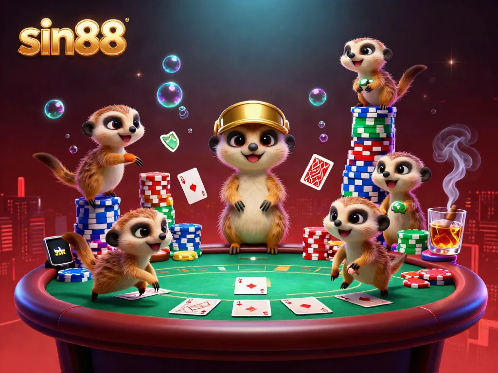 Experience the thrill of sin88 with meerkats orchestrating a vibrant casino scene filled with poker excitement.