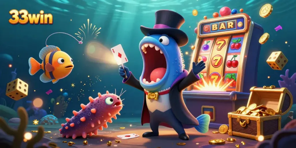 33win jackpot excitement illustrated with vibrant casino elements and magical underwater characters.