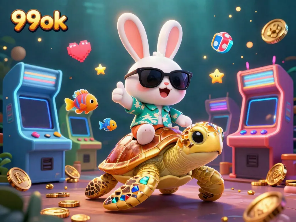 Engage in thrilling gameplay with 99ok's vibrant underwater casino illustration featuring a lucky rabbit.