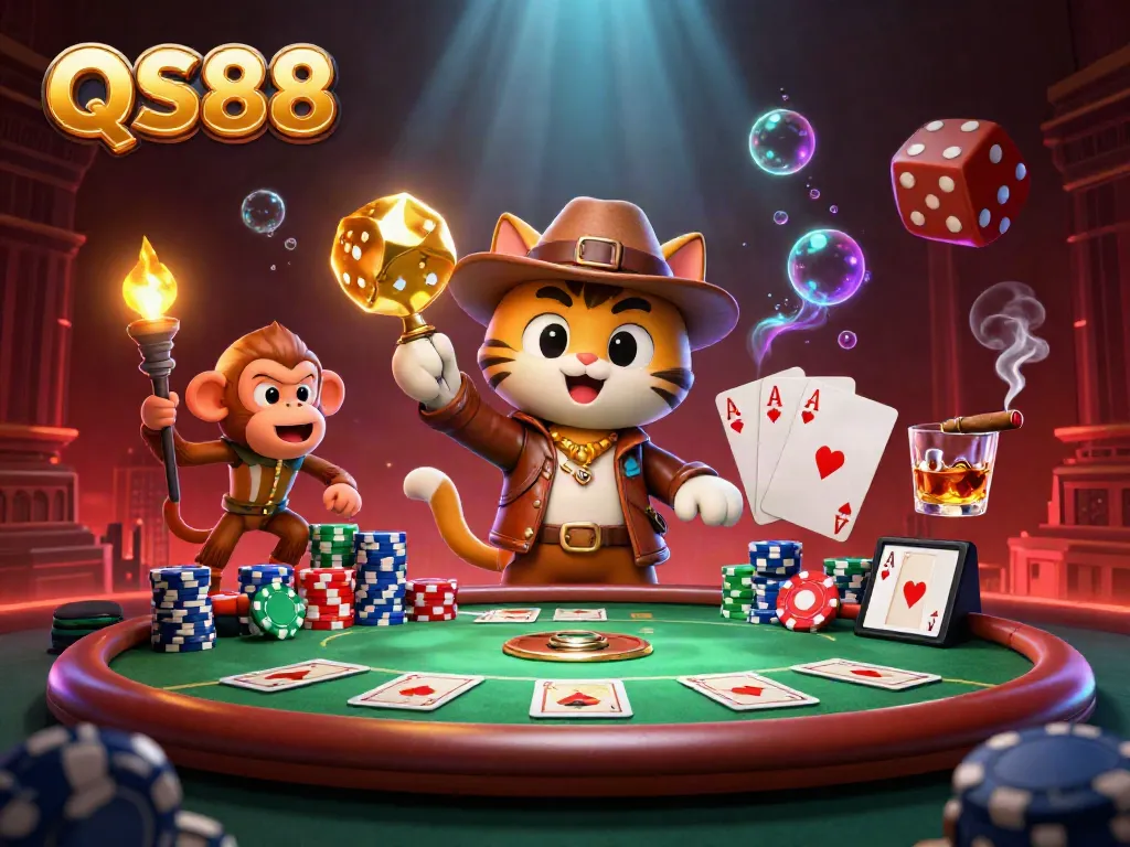 Create an immersive atmosphere with QS88, featuring an explorer cat discovering a golden casino artifact amidst rich gambling elements.