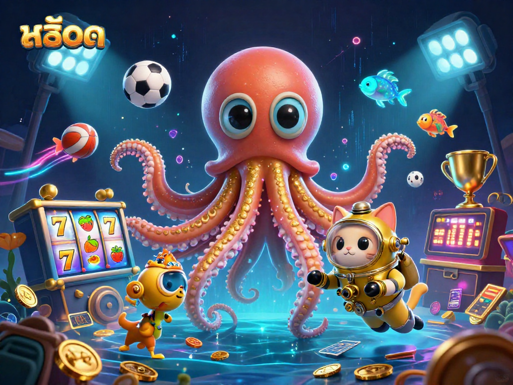 Engage in the excitement of สล็อต with a kraken, diving cat, and vibrant casino elements.