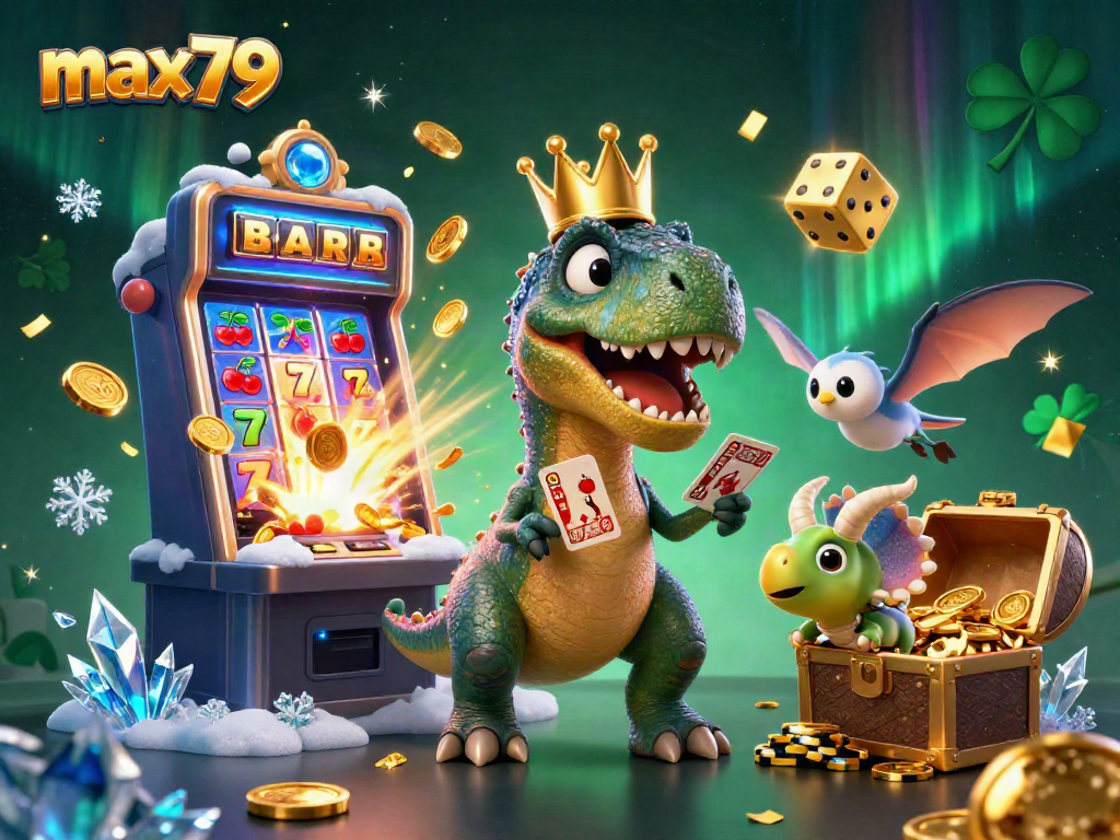 Experience excitement with max79 as a T-Rex and friends shuffle cards and stack chips in a vibrant casino.