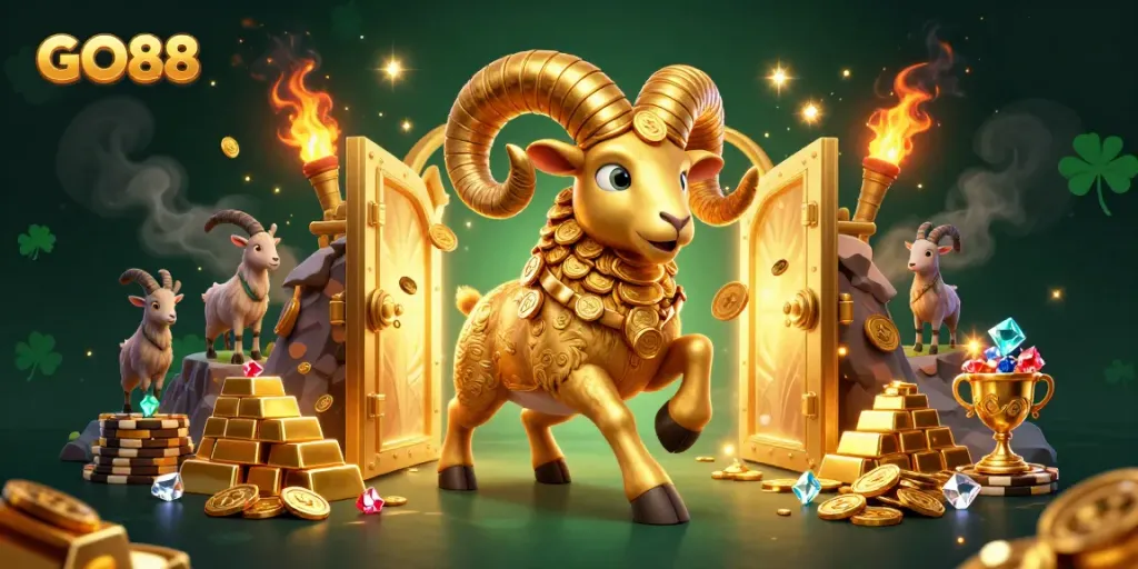 Experience the excitement of GO88 gaming with a 3D golden ram charging towards wealth in a dynamic casino scene.