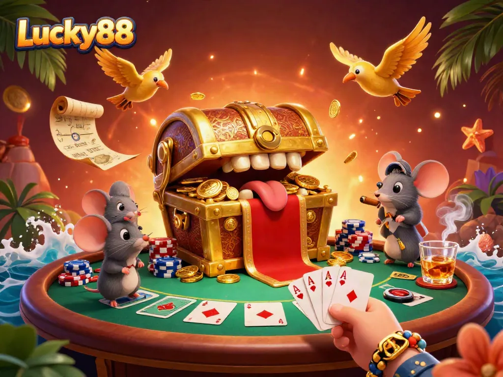 Engage with Lucky88's exciting casino scene, featuring a golden chest and poker elements