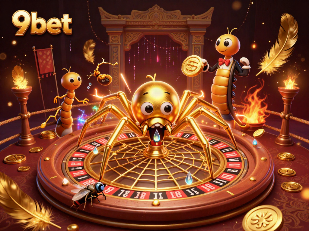 Engage in thrilling bets at 9bet with a golden spider spinning a roulette wheel web.