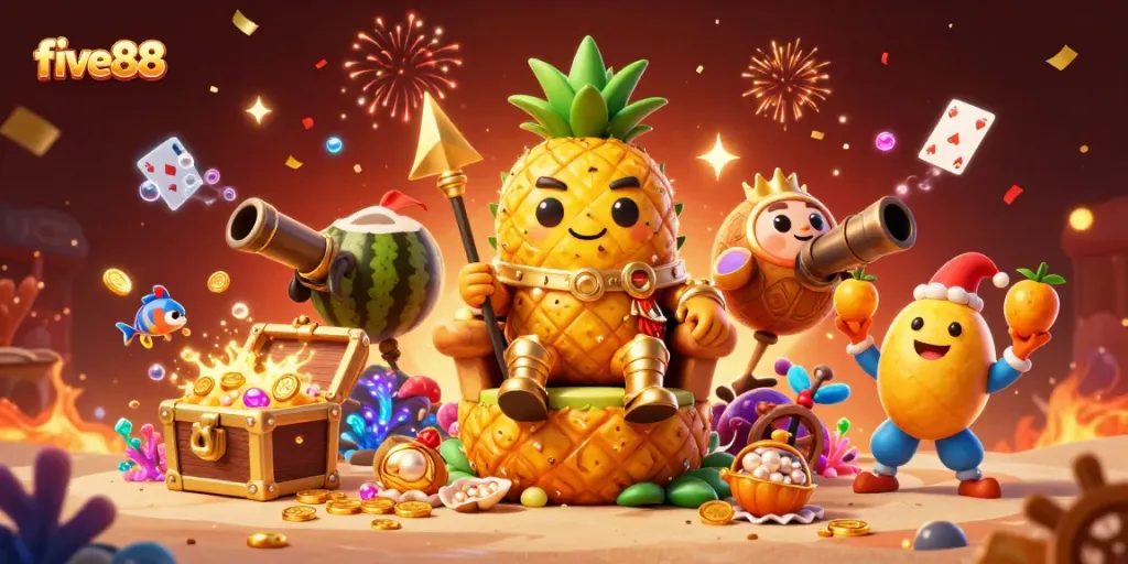 Play slots and win with five88's golden pineapple king in a vibrant casino scene.
