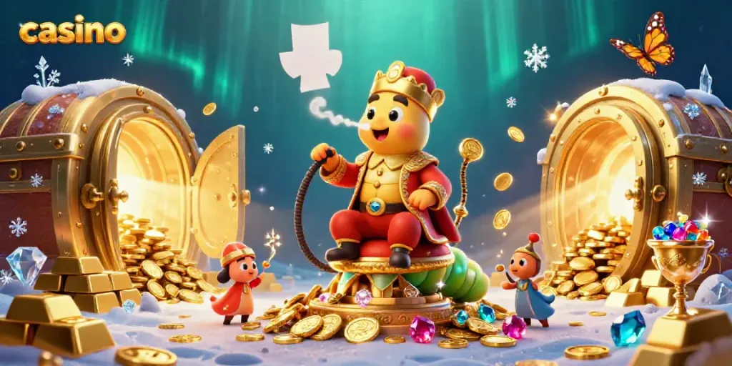 Experience vibrant casino magic with a whimsical caterpillar master and treasures in this enchanting scene.