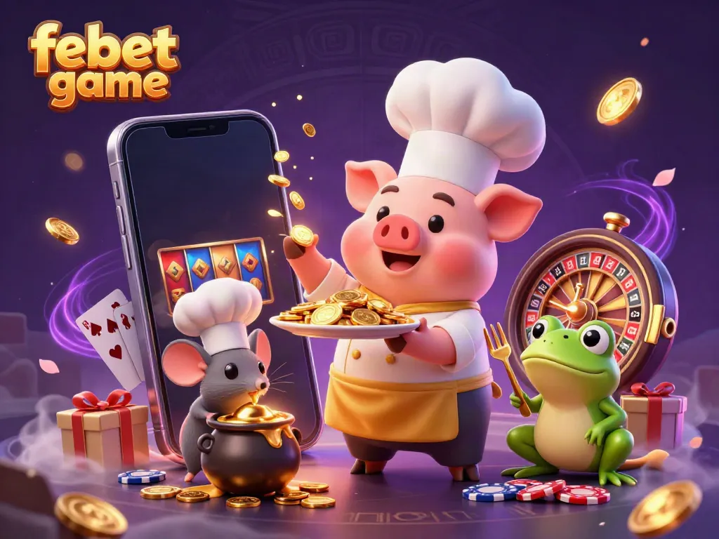 Experience the thrill of febet game with an enchanting scene filled with gold coins, colorful slot games, and whimsical characters.