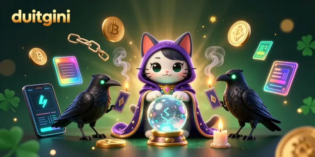 Experience financial magic with DuitGini's app, featuring a mystic cat and vibrant crypto elements.