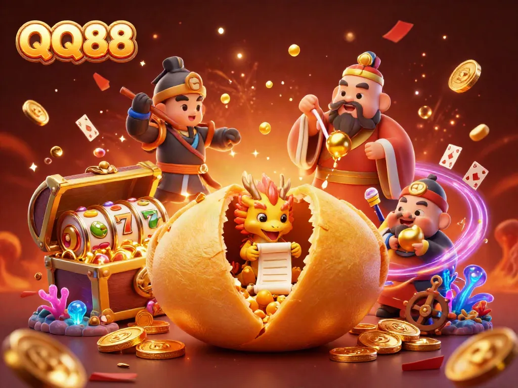 Experience the exciting world of QQ88 with dynamic casino illustrations featuring vibrant characters and gold elements.