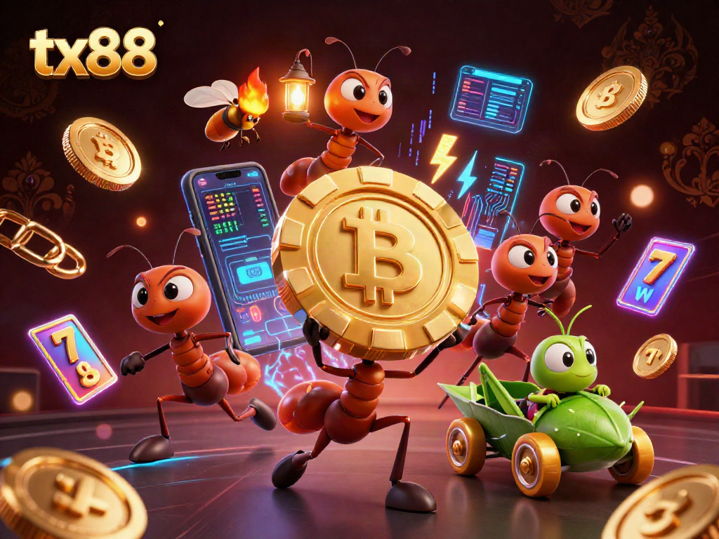 Join the thrilling adventure at tx88 as ants carry a giant poker chip in a vibrant crypto-infused heist.