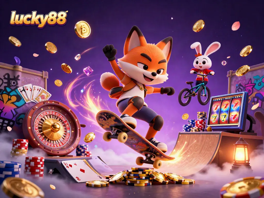 Experience lucky88 thrills with a fox and rabbit amidst vibrant casino elements in action.
