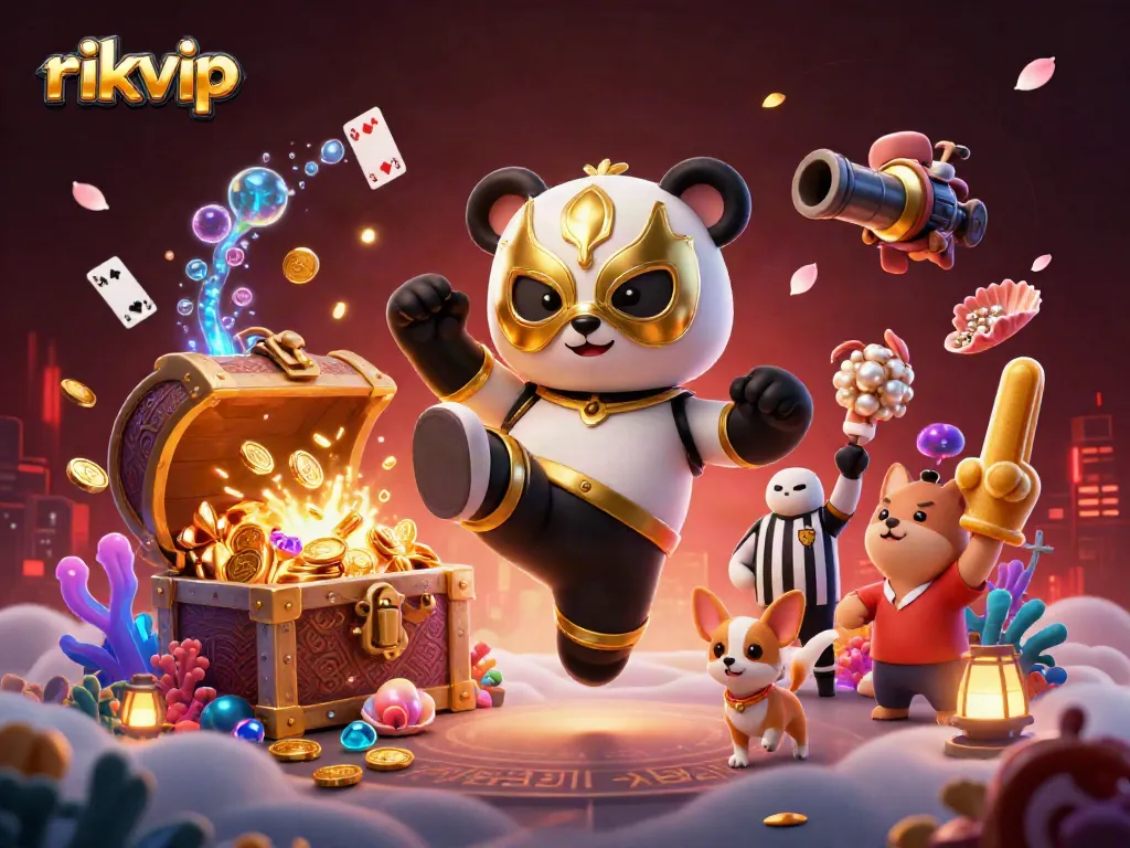 Experience the excitement of rikvip with a dynamic 3D illustration of characters and casino elements.