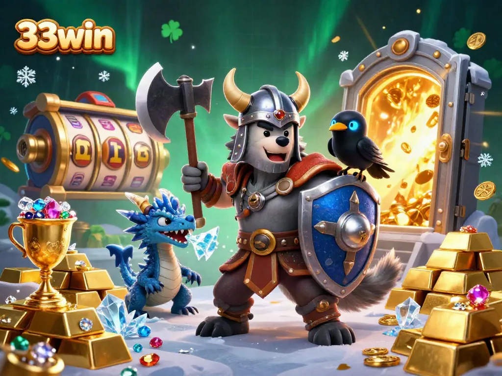 Engage in thrilling gameplay action at 33win featuring Viking wolf warrior alongside treasure and spinning slot reels.