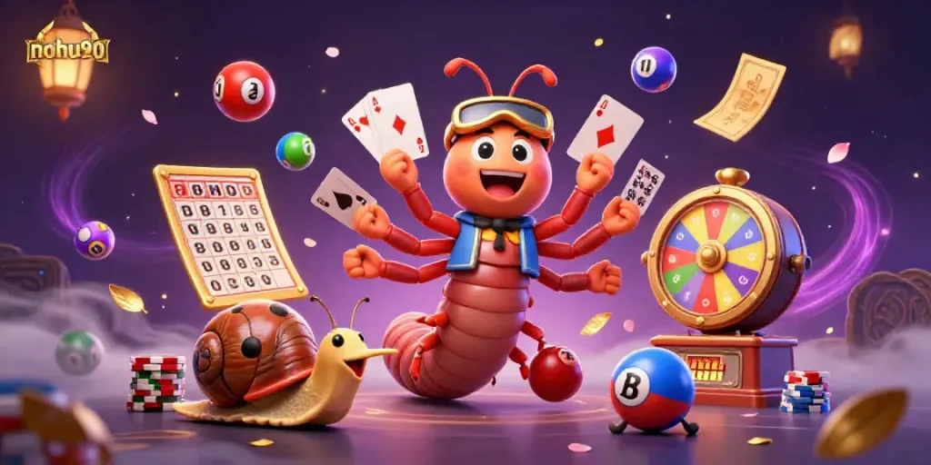 Nohu90 showcases an exhilarating scene of a cartoon millipede dealer and characters engaging in vibrant casino games.
