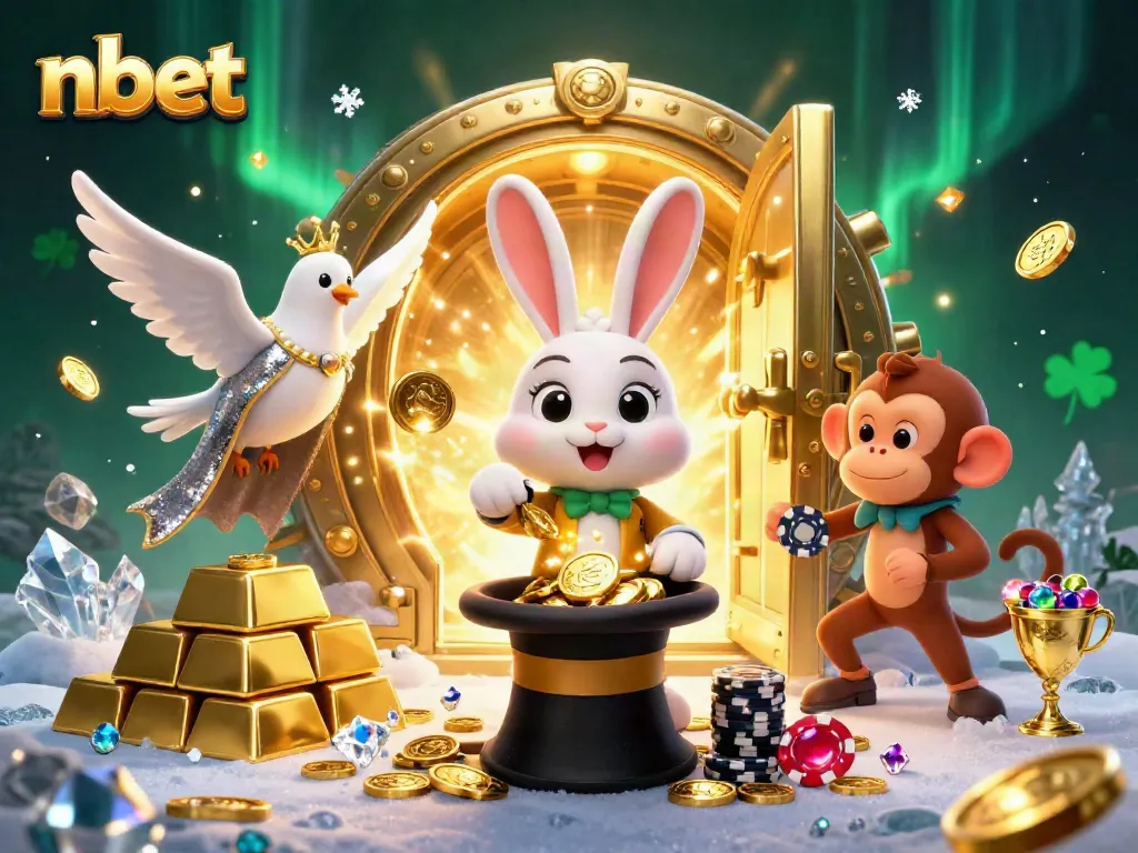 Experience the magic of nbet with a whimsical scene featuring a magician rabbit, a dove, and a monkey in a vibrant casino setting.