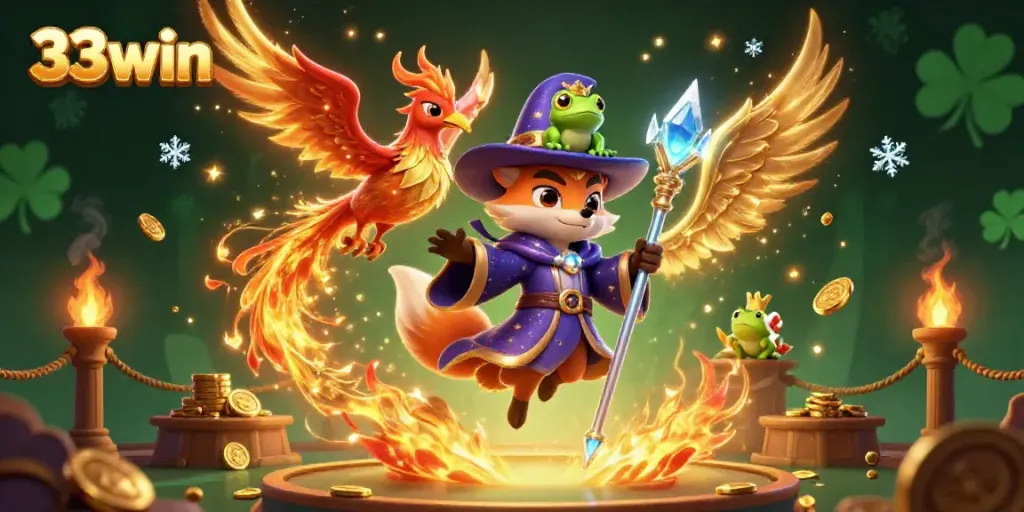 Experience thrilling gaming moments at 33win with a magical illustration of a wizard fox, phoenix, and enchanted frog.