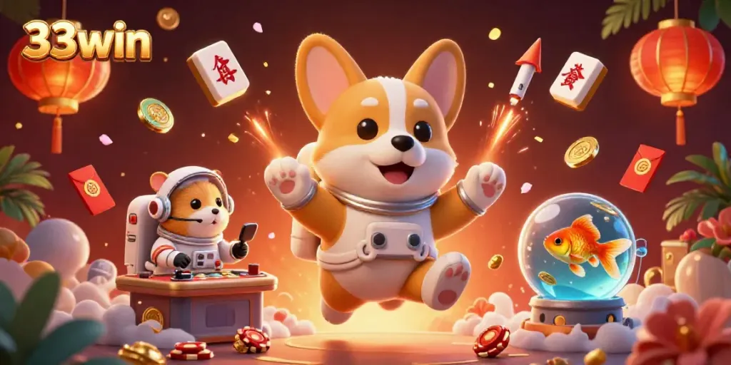Experience the thrill of gaming with 33win as the astronaut corgi floats through a vibrant casino scene.
