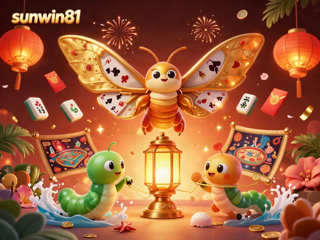 Experience the vibrant world of sunwin81 with a captivating illustration of a golden atlas moth amidst a colorful casino scene.