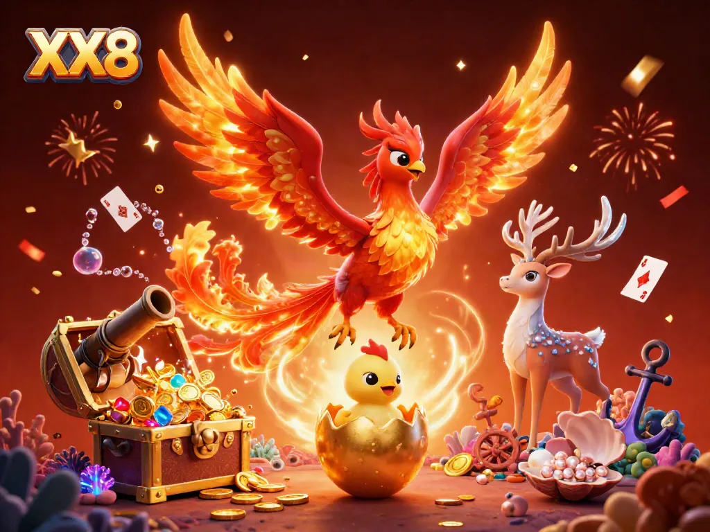 Engage in the thrilling world of XX8 with vibrant casino themes featuring a phoenix and rich elements.