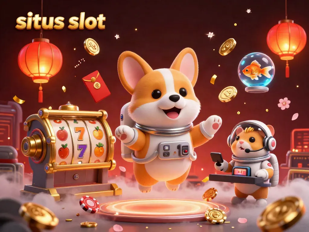 Engage in thrilling situs slot action with a vibrant 3D illustration of a floating astronaut corgi and dynamic casino elements.