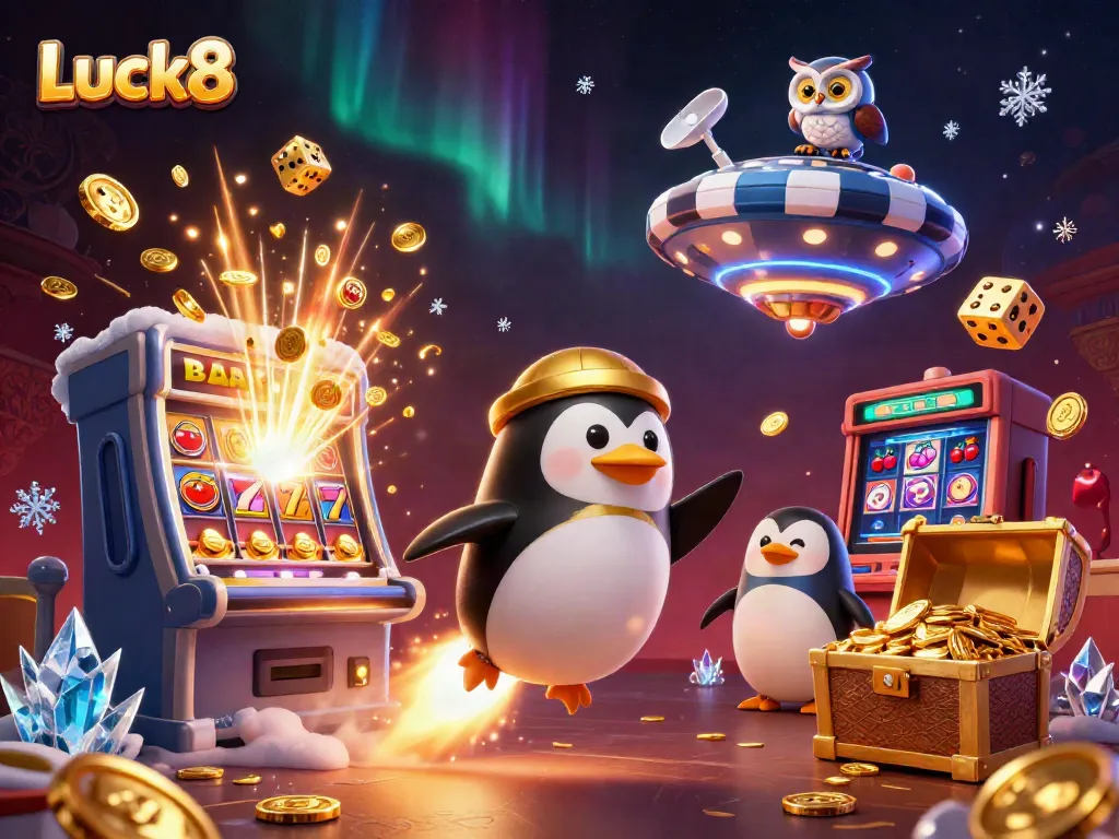 Experience exciting gaming at Luck8, featuring a playful rocket-powered penguin and vibrant casino symbols.
