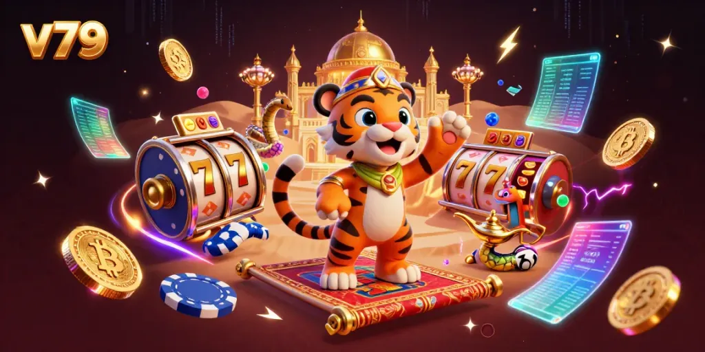 Win jackpots at v79 with the Arabian Nights tiger sultan on a poker chip carpet, surrounded by vibrant casino elements.
