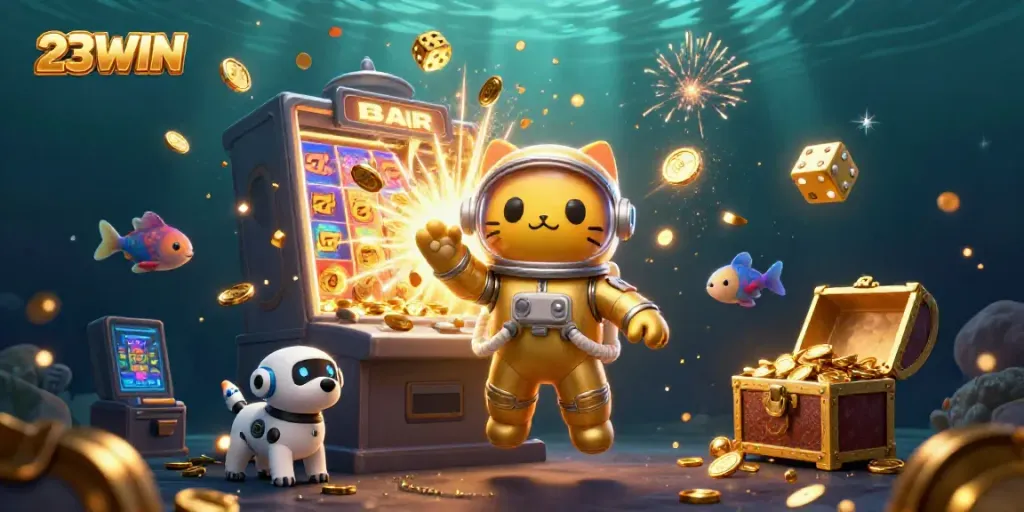 Experience the excitement of 23WIN with a playful, intergalactic theme featuring a space cat and robot dog amidst casino delights.